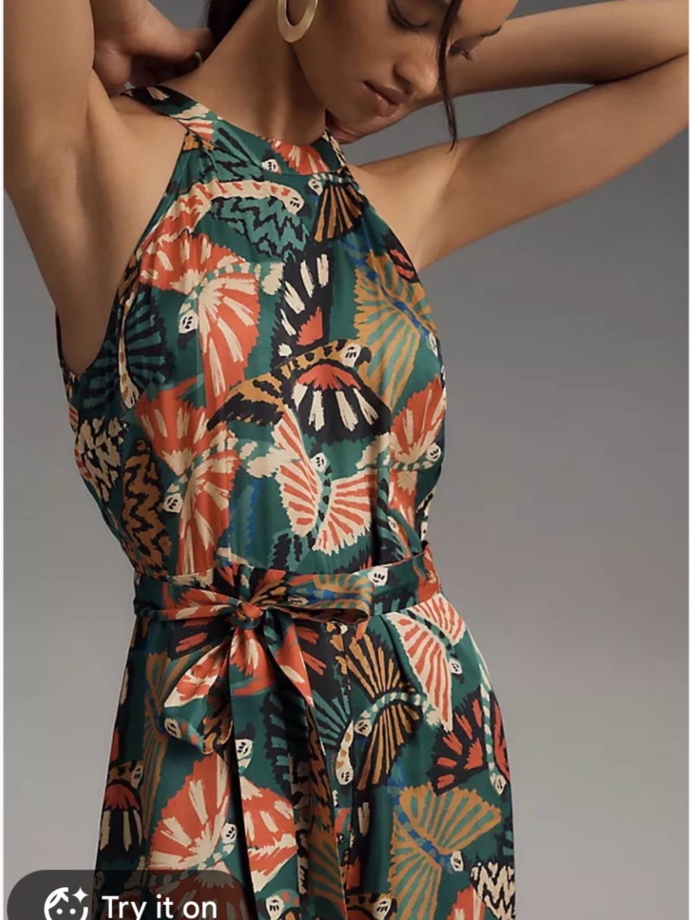 FARM Rio Teal & Coral Fan-Print Halter Wide-Leg Jumpsuit - Picture 3 of 6